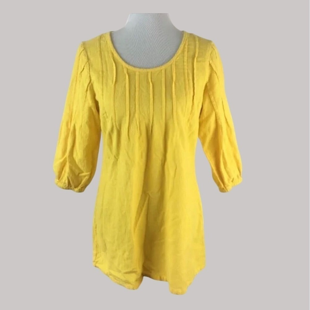 Soft Surroundings Tunic Top‎ Womens PL Petite Yellow Gauze Pintuck Boho Beach